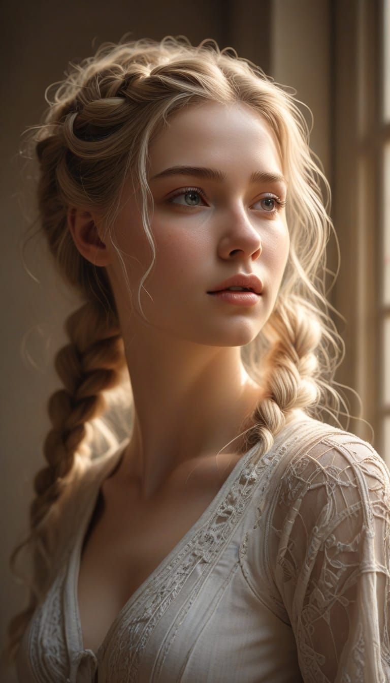 Ethereal Blonde Woman in Cozy Room, Detailed Digital Paintin...