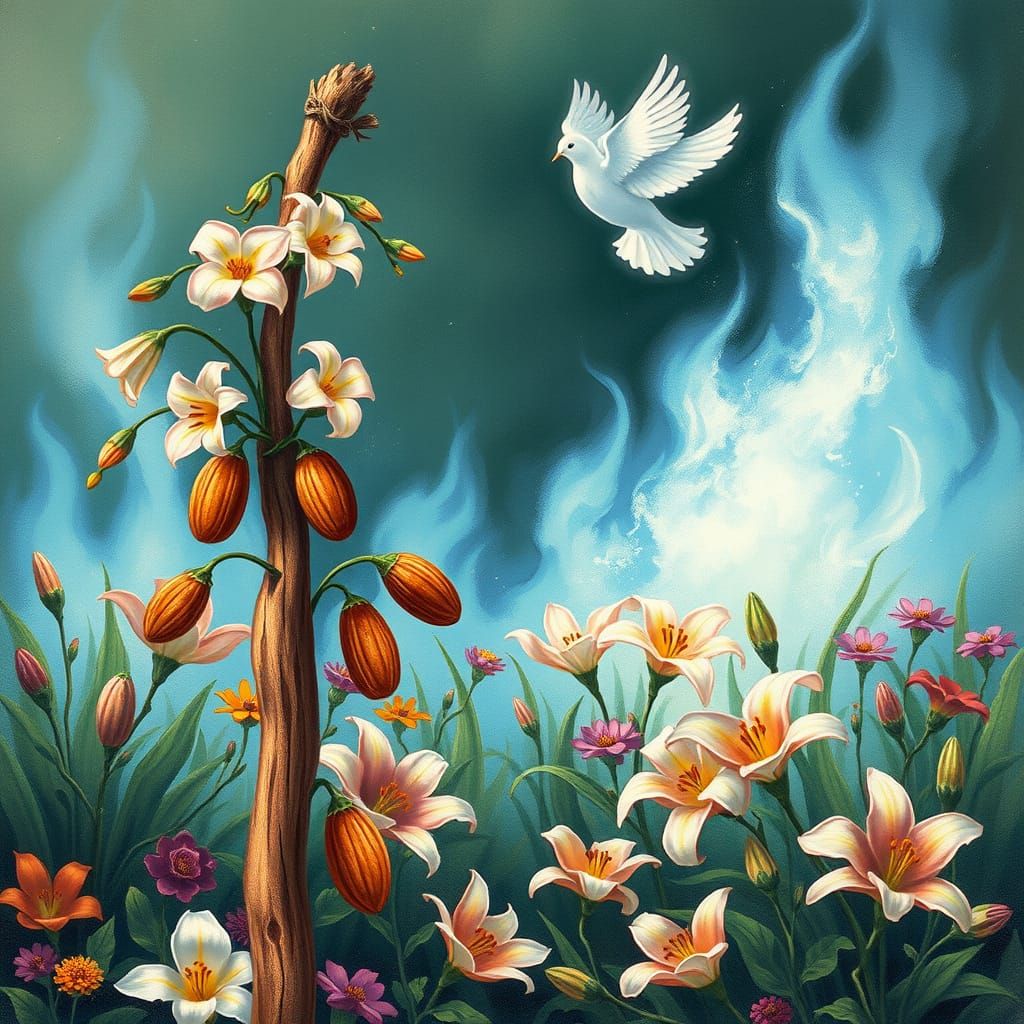 Almond Branch with Flowers and Dove, Whimsical Style