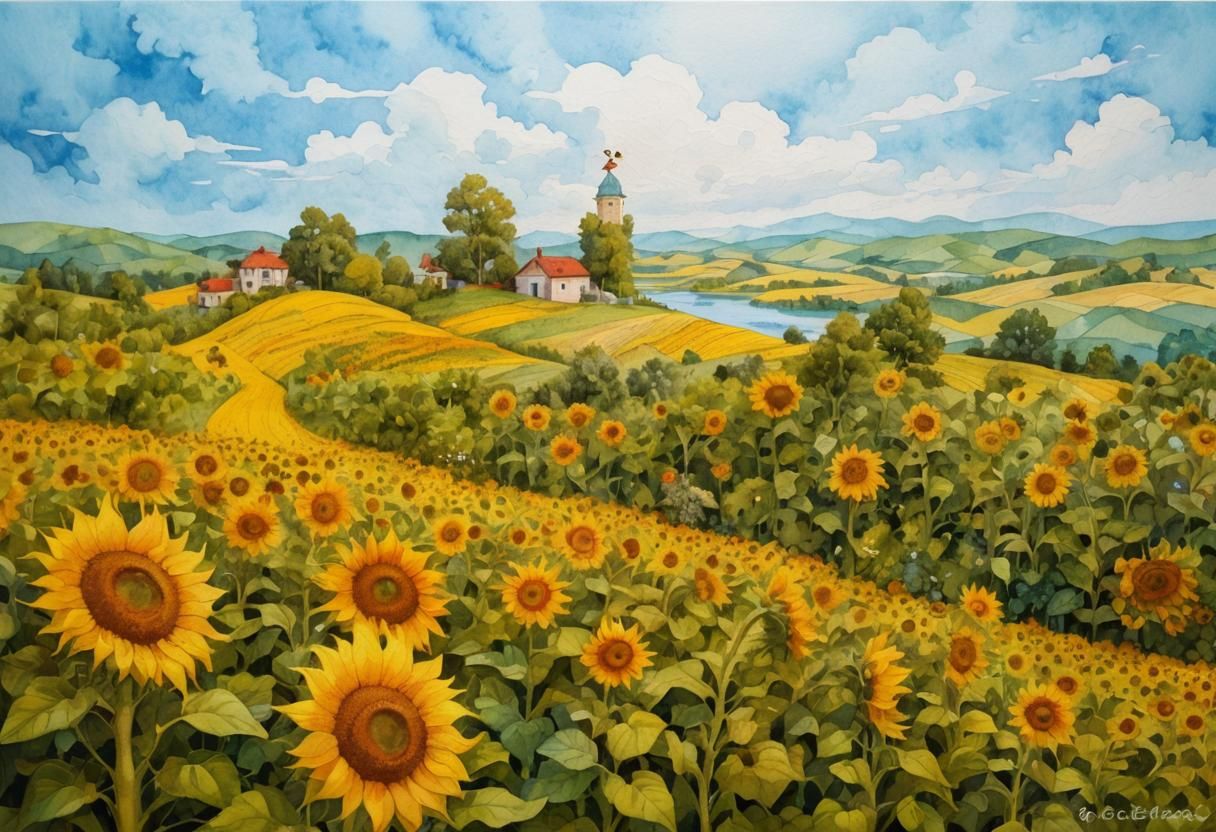 Sunflowers and Bee in Whimsical Watercolor Abstract