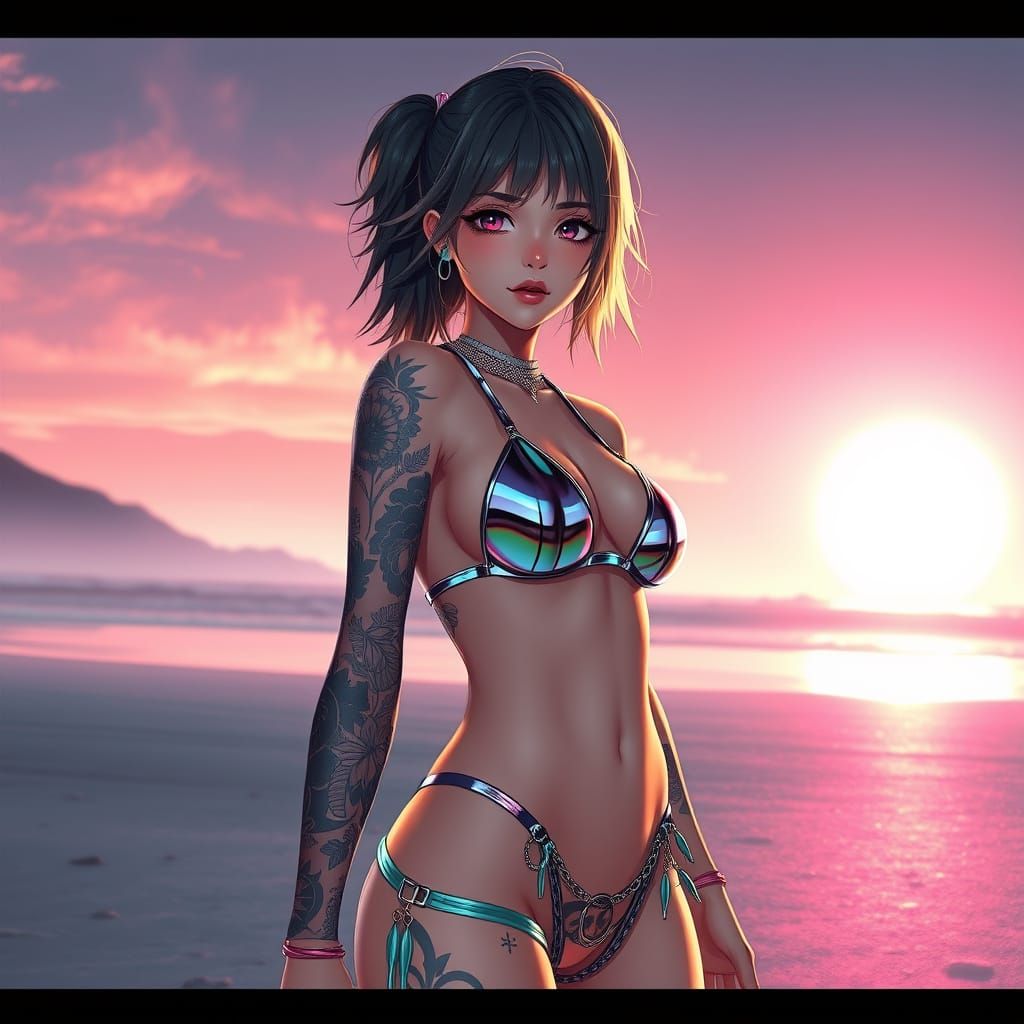 Cyberpunk Anime Woman on Desolate Beach
