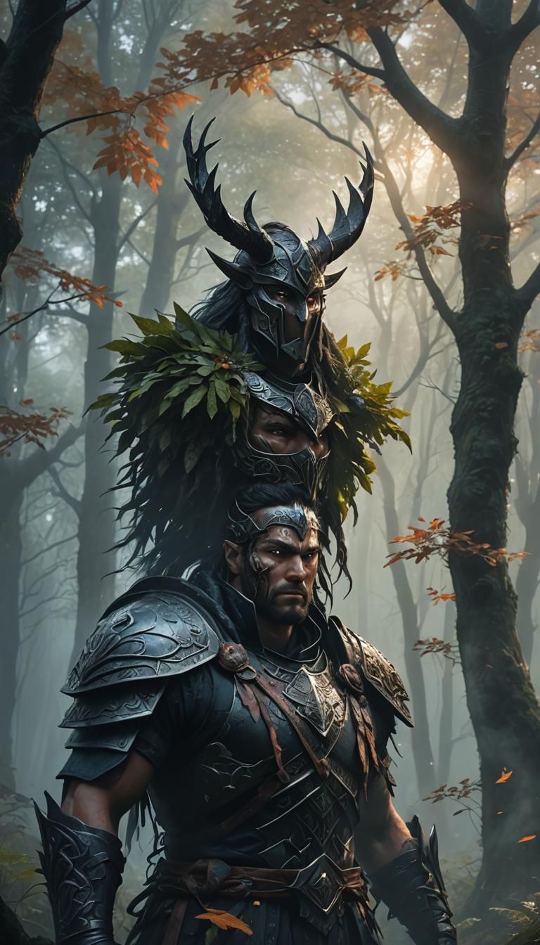 Mystical Warrior in Misty Forest: Dark Fantasy Art