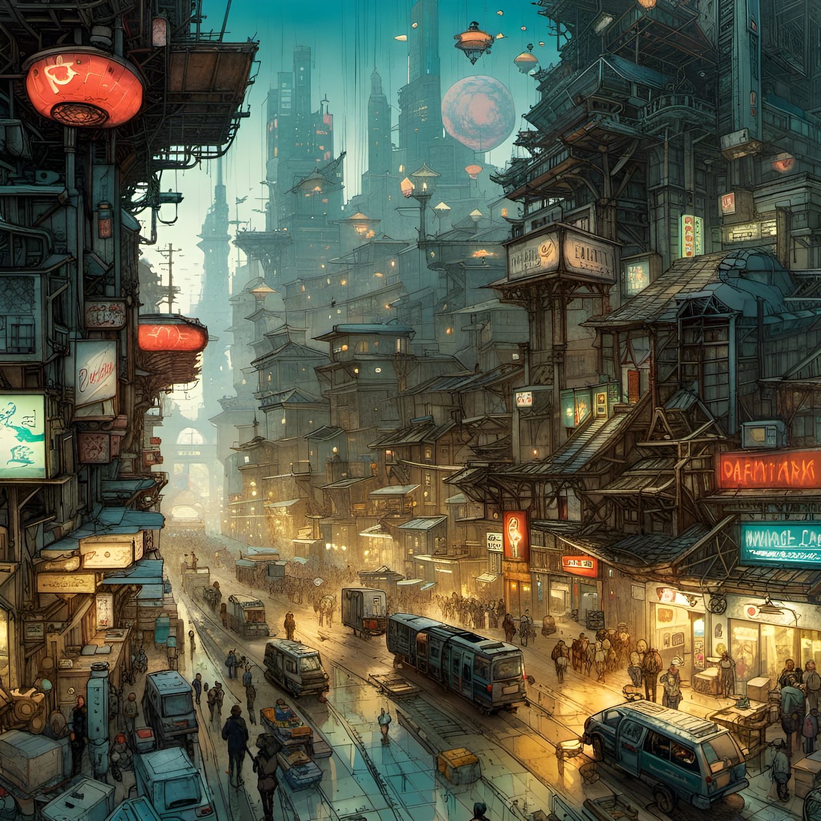 Futuristic City on Platforms in Maximalist Style