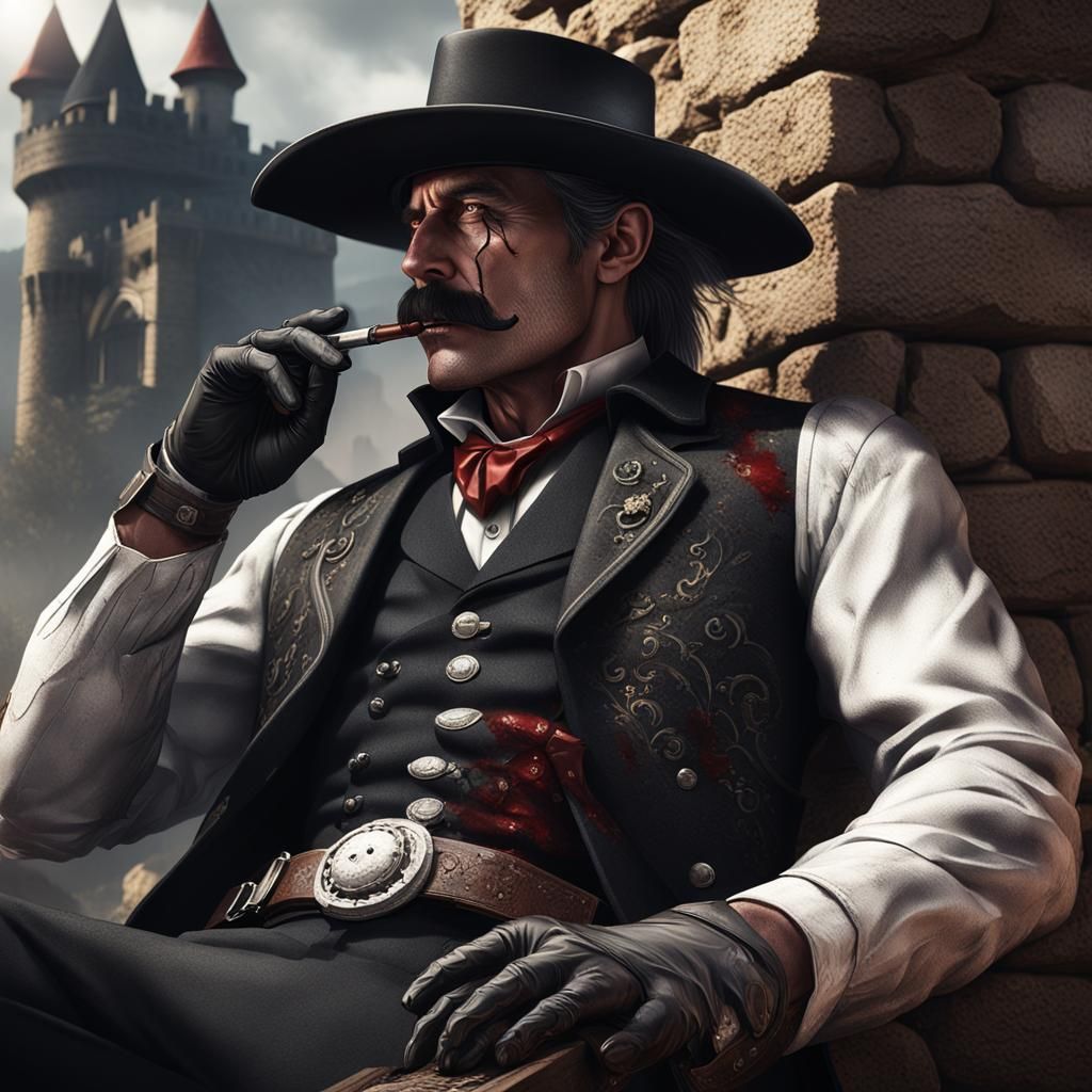 Injured Cowboy in Black Suit Against Castle Wall
