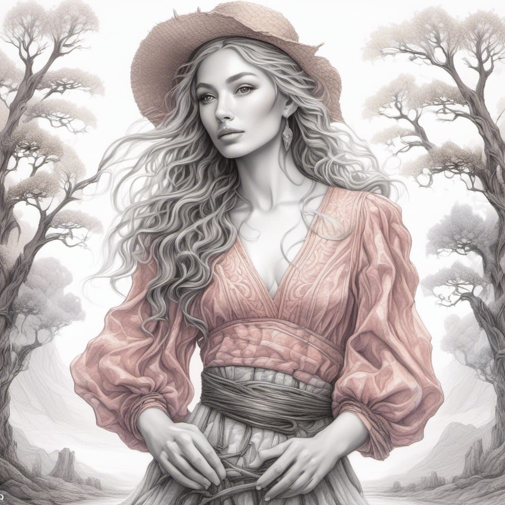 Amish Woman in Heath at Sunset, Watercolor Style