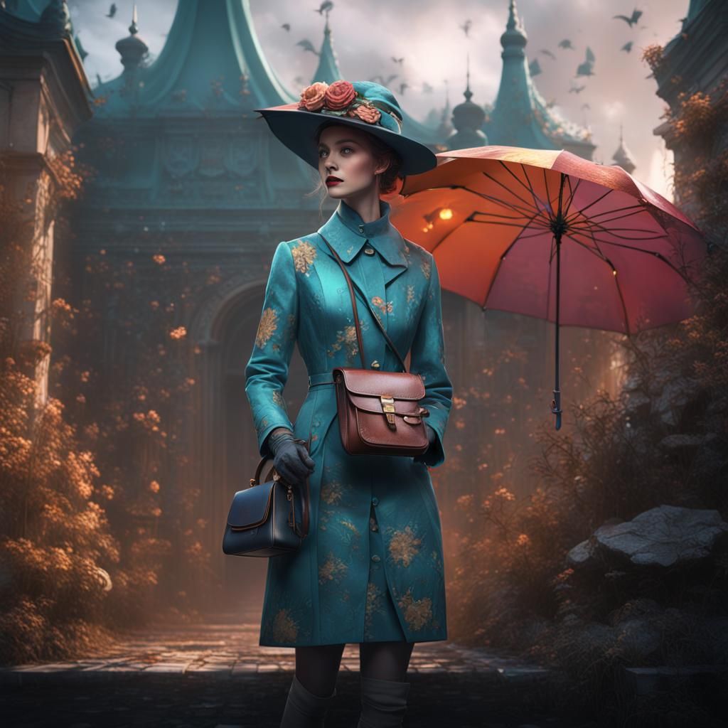 Woman with Hat and Umbrella: Detailed Matte Painting