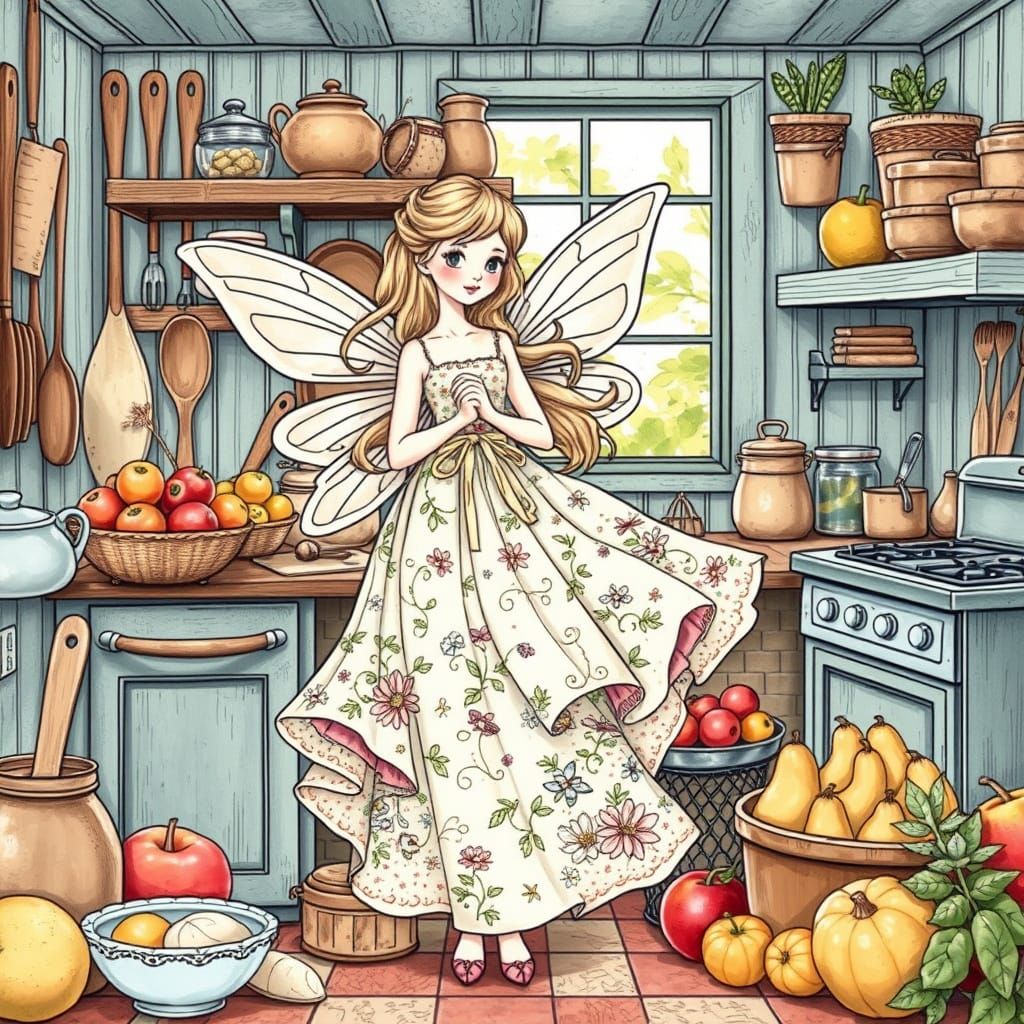 Nymph in Cottage Kitchen Coloring Book Illustration