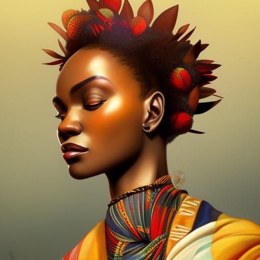 African Woman Portrait with Protea Flowers, Art Nouveau Styl...