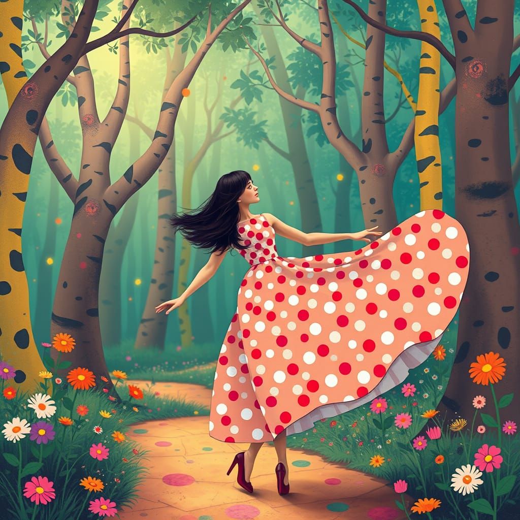 Whimsical Woman Twirling in Polka Dot Dress
