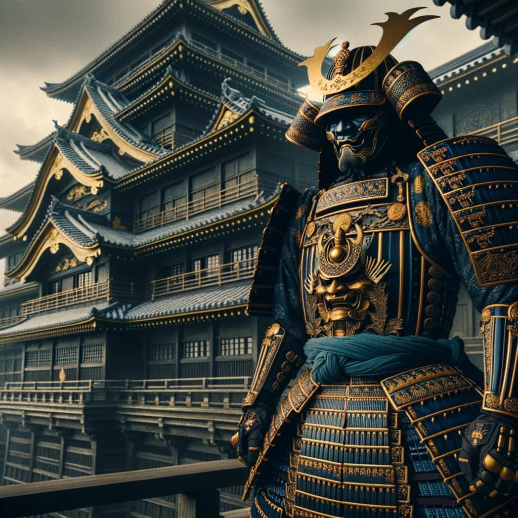 Historical Japanese Shogun Dominates Castle Balcony in Opule...