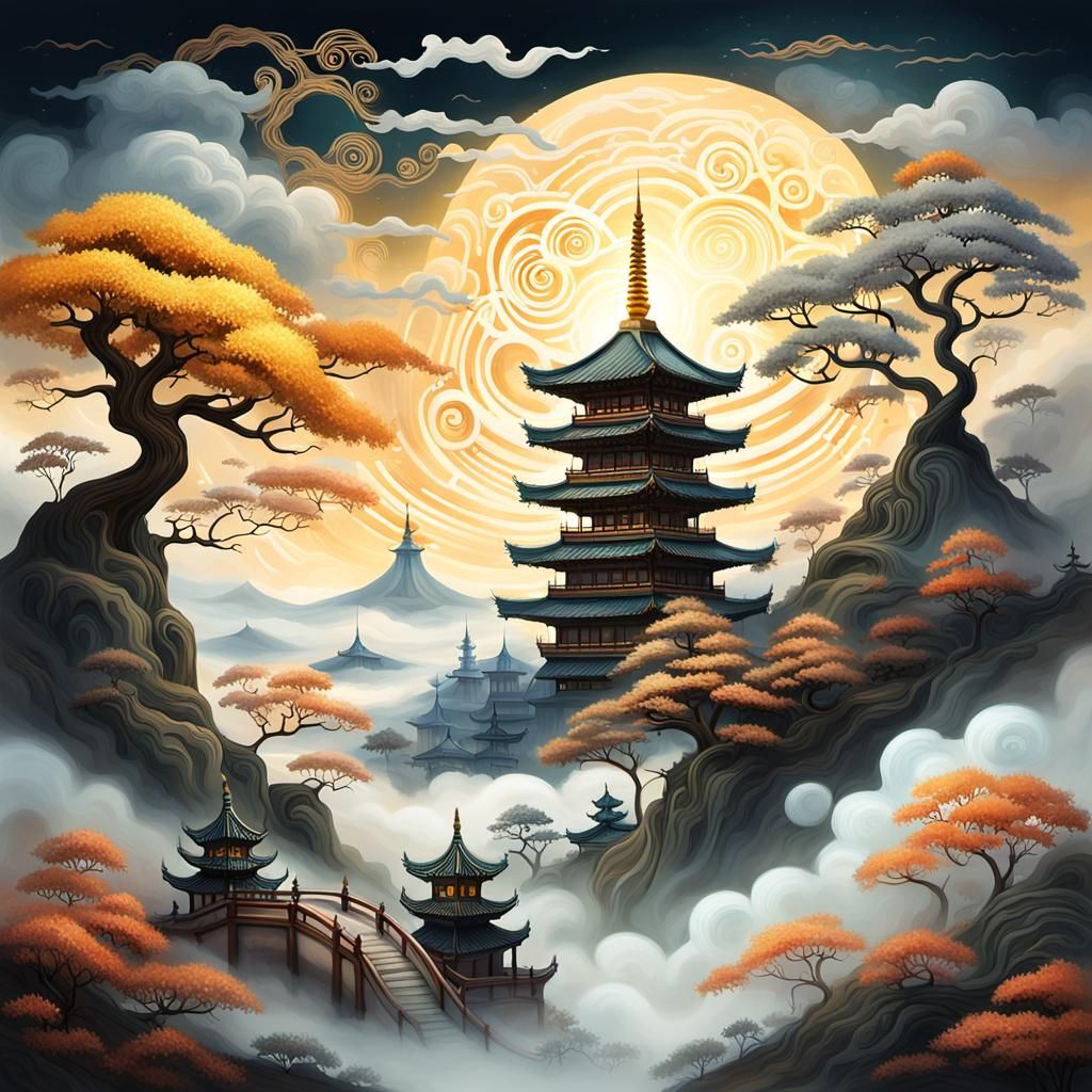Mystical Pagoda in Surreal Fantasy Landscape