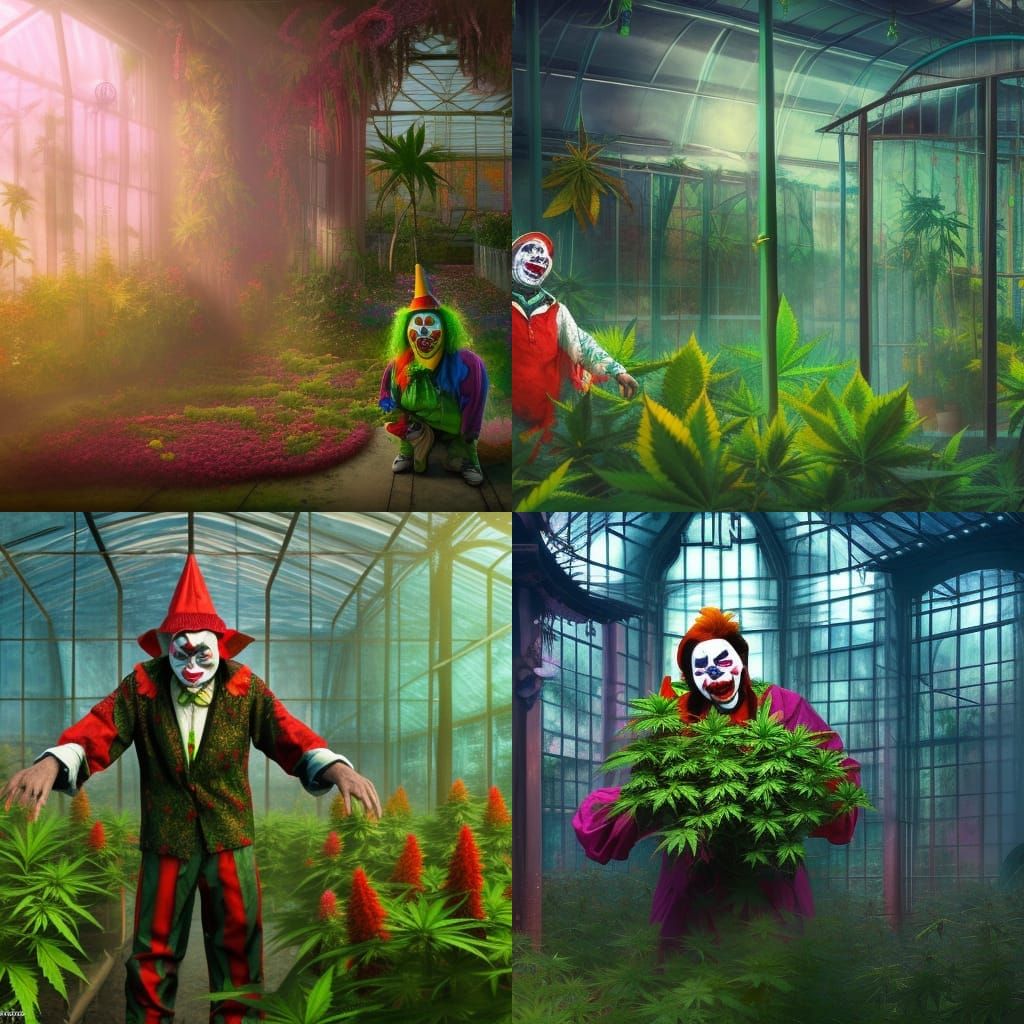 Scary Clown Cultivating Cannabis: Detailed Matte Painting