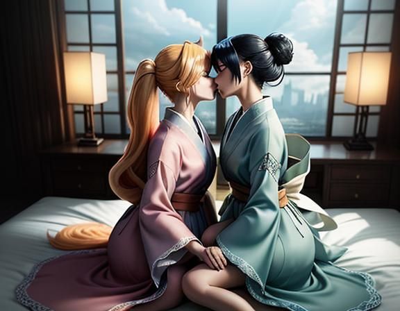 Kitsune Twins Kissing in Manga Style