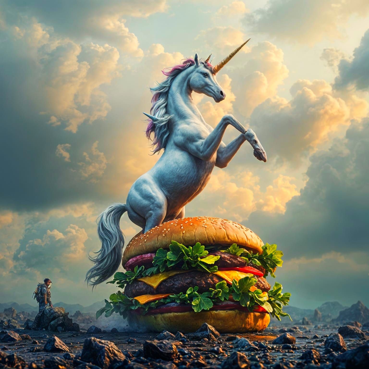 Unicorn on Hamburger: Intricate Digital Masterpiece
