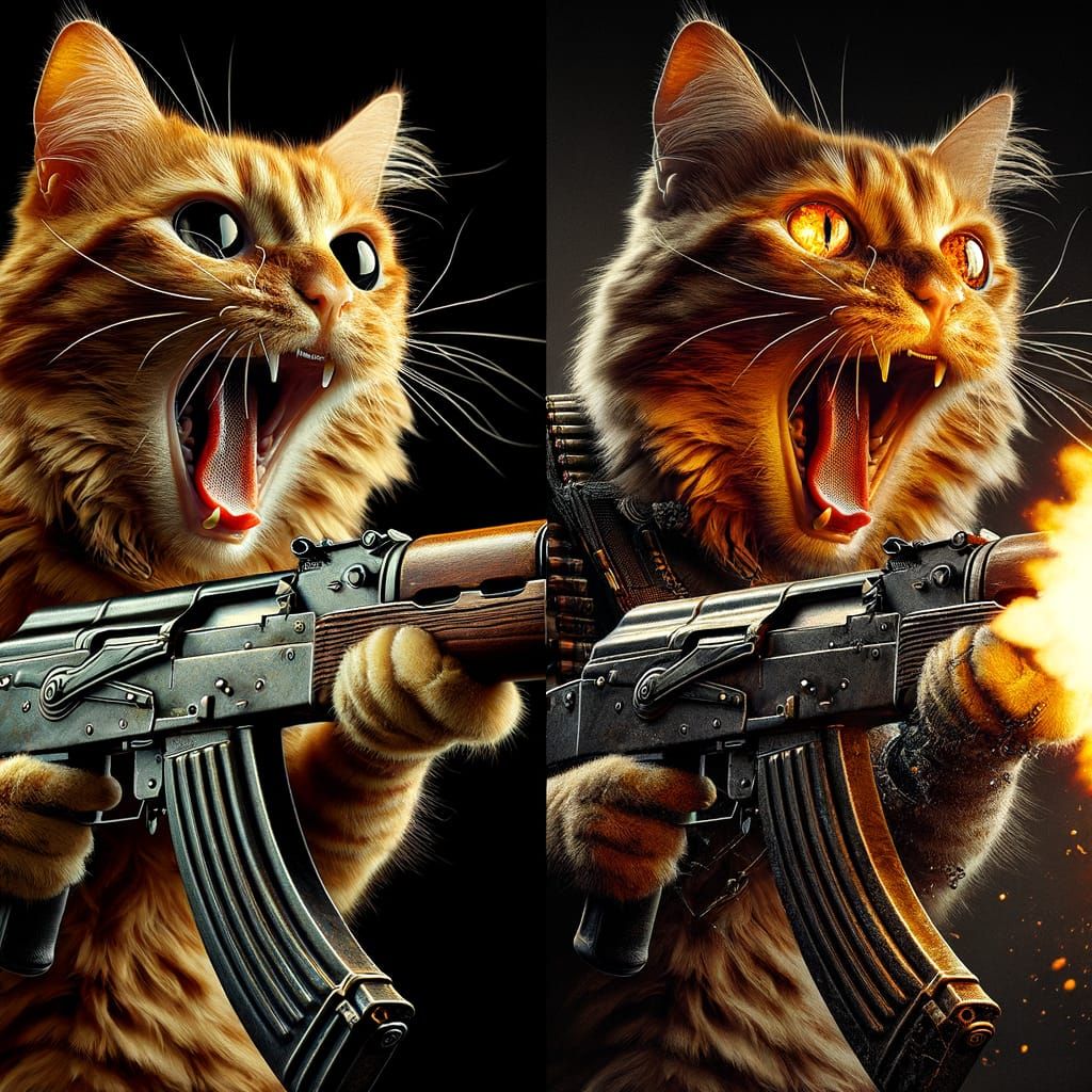 Ginger Cat Firing AK47 Rifle in Hyperrealistic Style