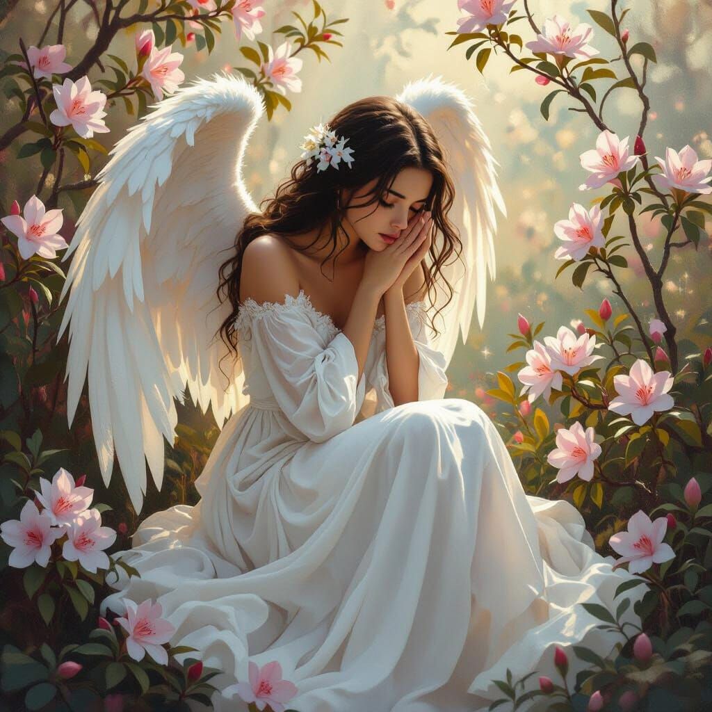 Crying Angel with Azaleas in Matte Painting Style