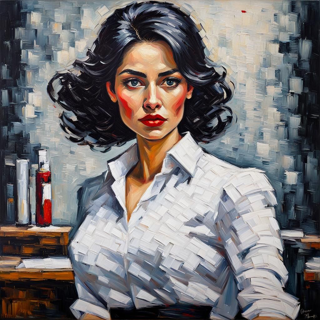 Elegant Woman in Office: Neo-Impressionist Oil Painting
