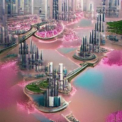 Utopian Dystopian Cityscape with Pink Gardens