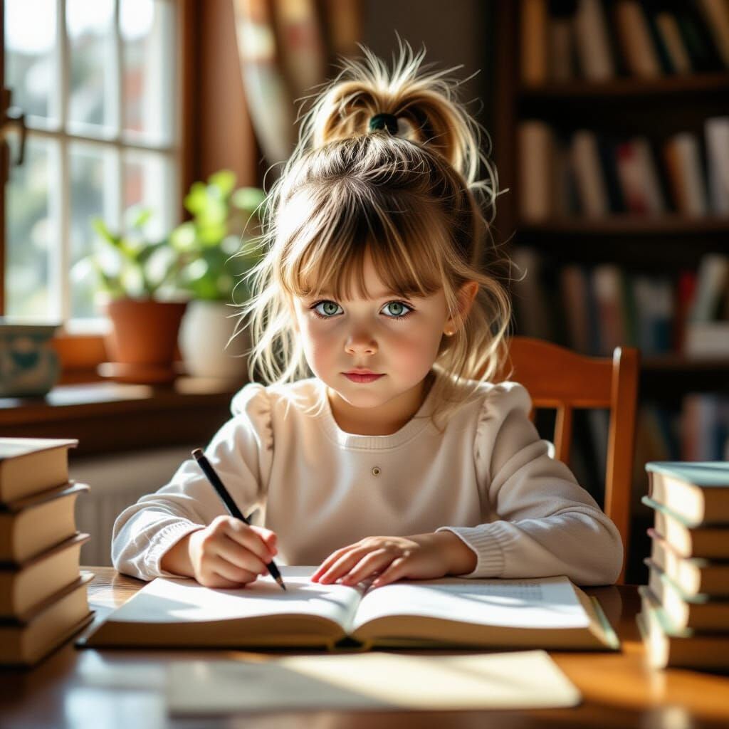 Young Girl Studies at a Book-Filled Table