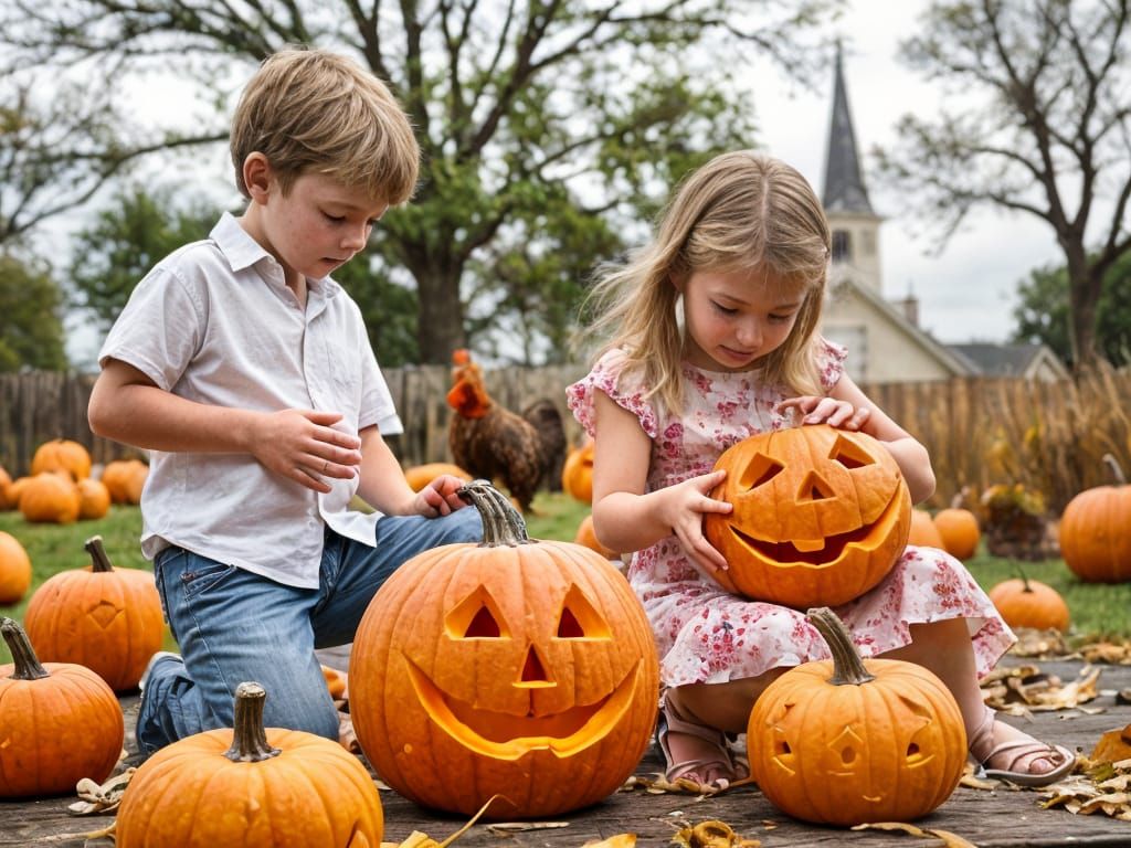Children Carving Pumpkins with Rooster and Church
