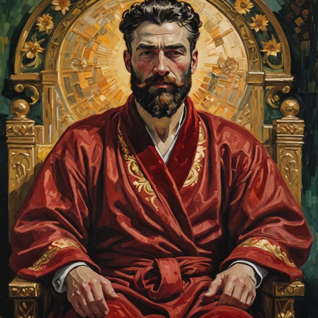 Proud Ruler on Throne in Impressionist Oil Painting