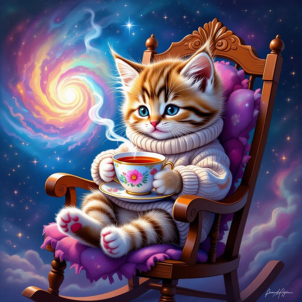Kitten Sipping Tea in Galactic Rocking Chair