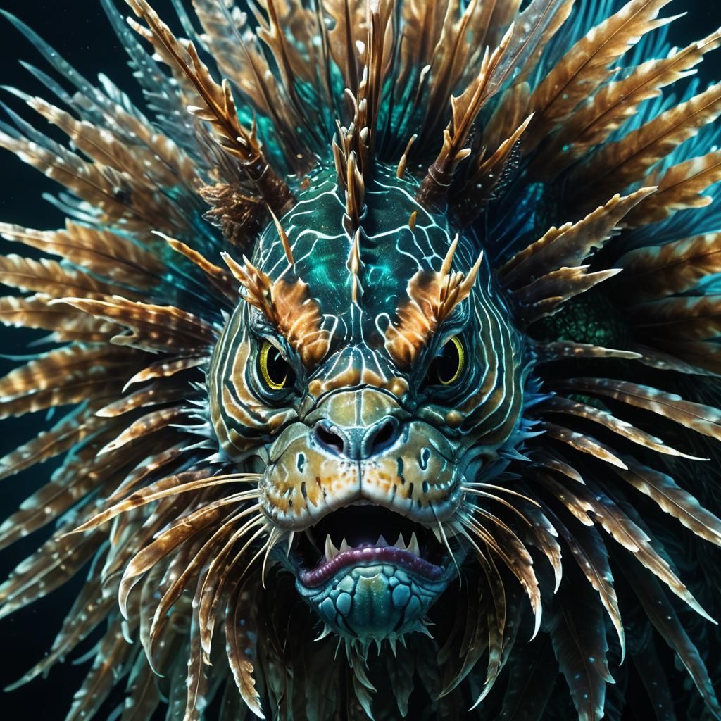 Bioluminescent Lionfish Hybrid Emerging from Ocean Depths