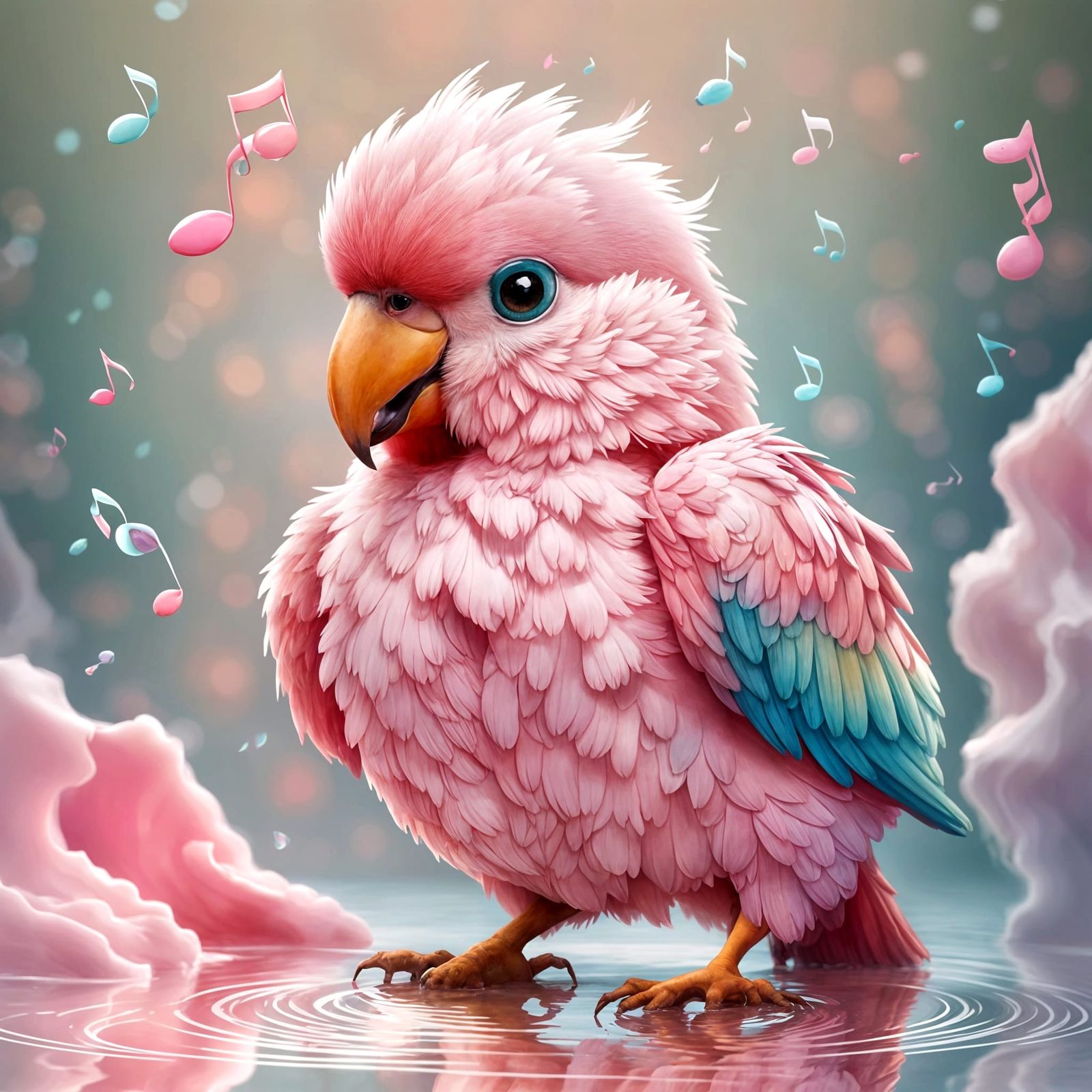 Pastel Cartoon of a Pink Parrot Singing