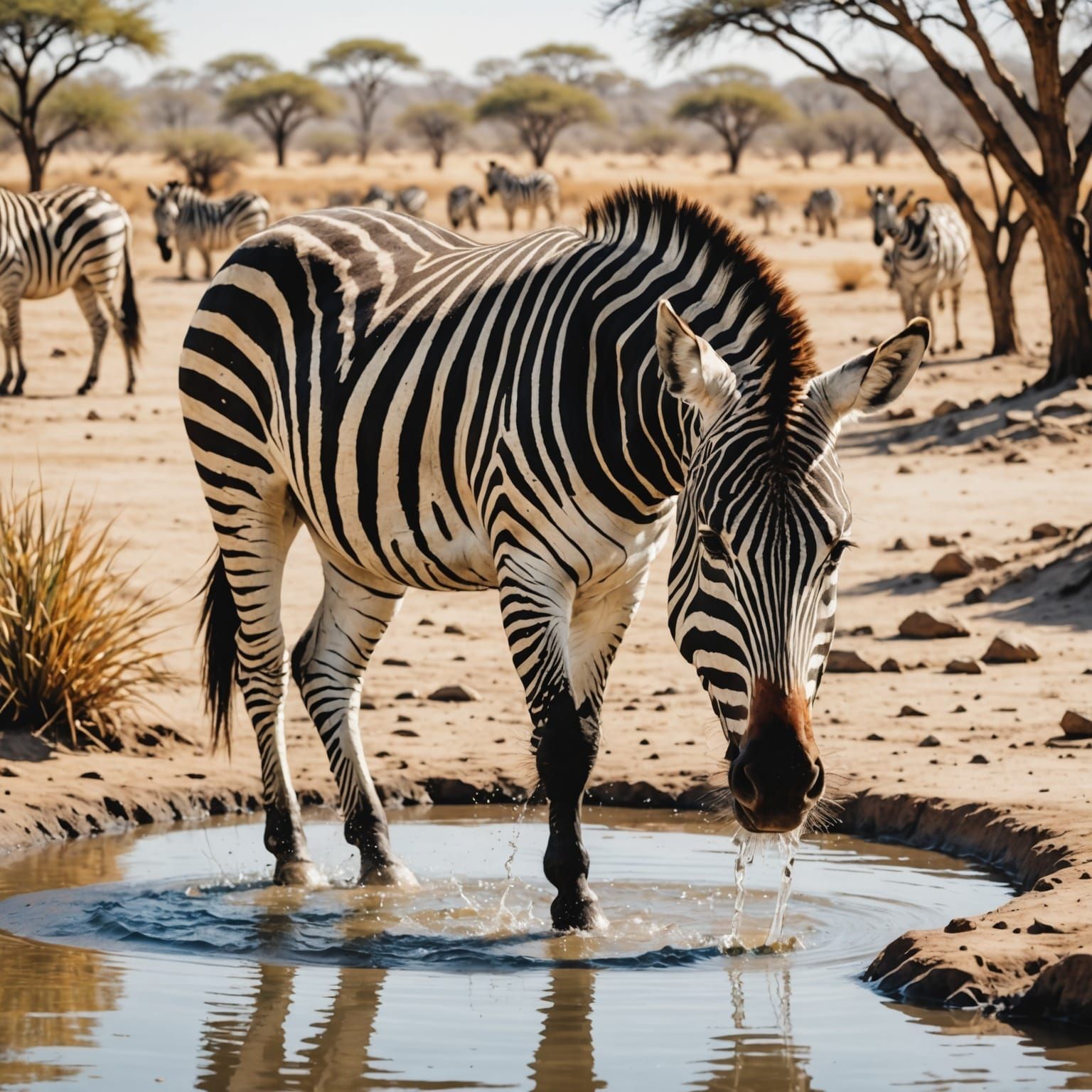 Zebra Drinks Water in a Vibrant Watercolor Scene