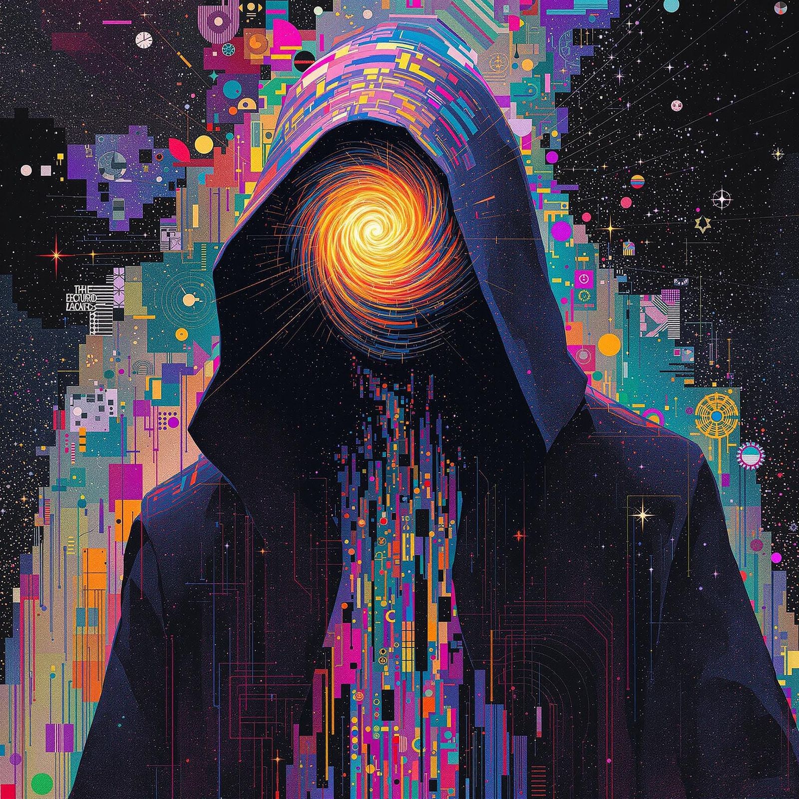 Abstract Pixelated Figure with Luminous Energy Face