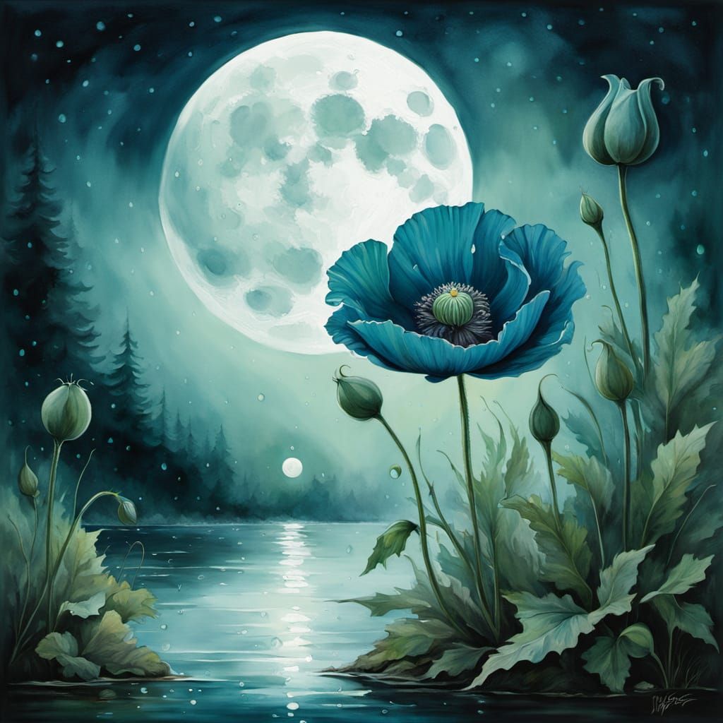 Realistic Watercolor Blue Poppy with Moonlit Night Scene