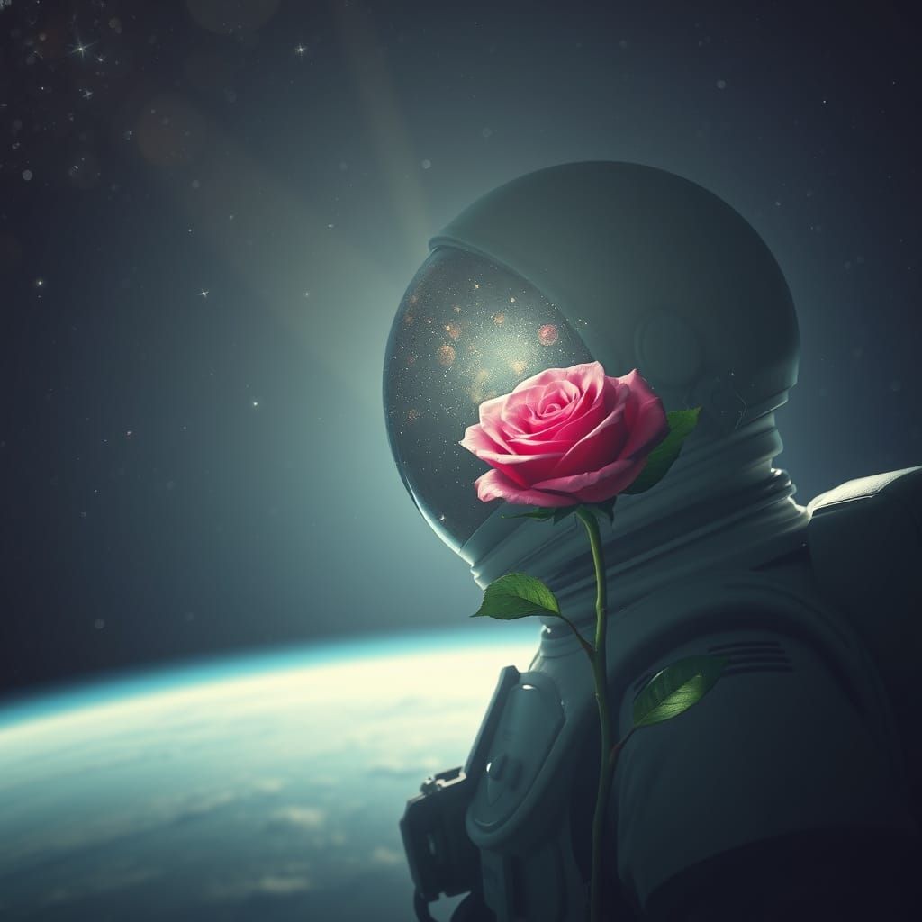 Astronaut Adrift in Space Reflecting Nebula, Double Exposure...