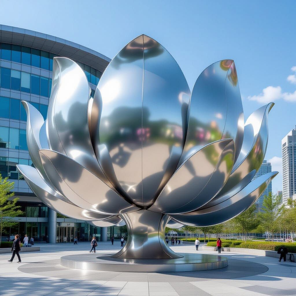 Kinetic Metallic Flower Sculpture in Futuristic Style