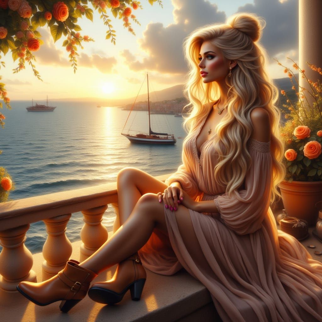 Woman on Terrace Overlooking Sea in Golden Hour Light