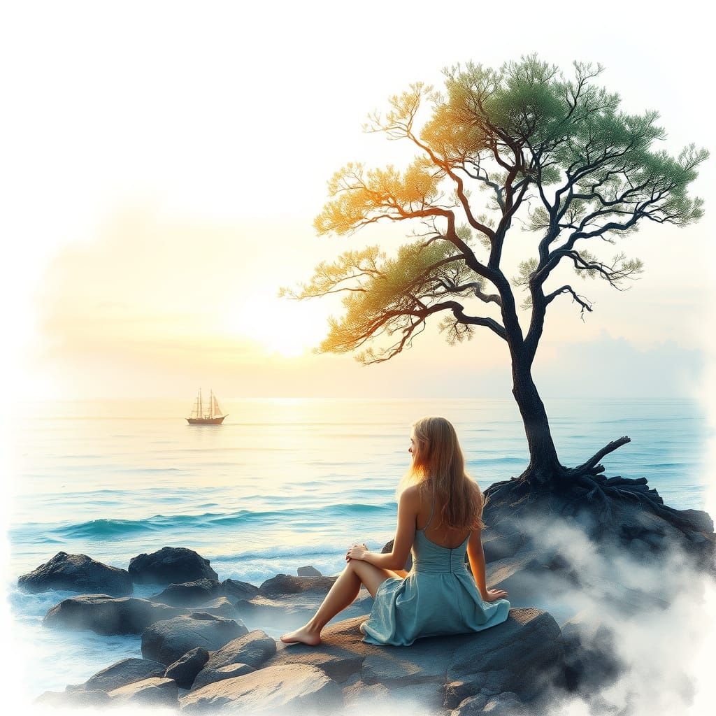 Dreamy Seascape in Soft Watercolor Sfumato Style