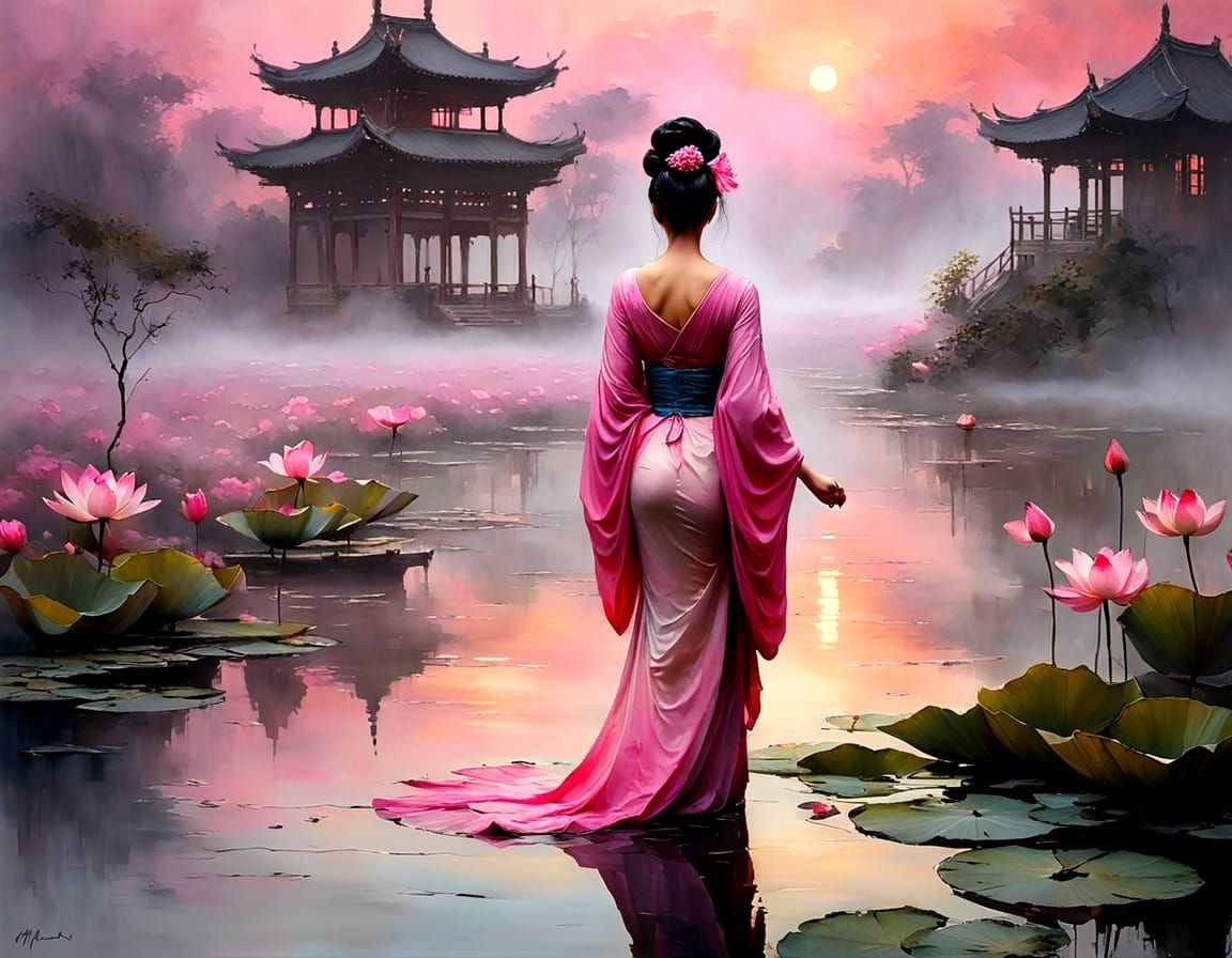 Geisha in Lotus Pond: A Watercolor Fantasy