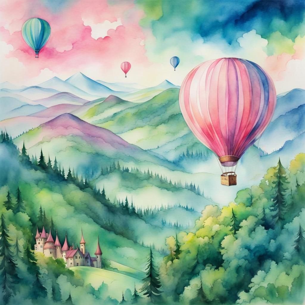 Fantasy Landscape with Watercolor Hot Air Balloon
