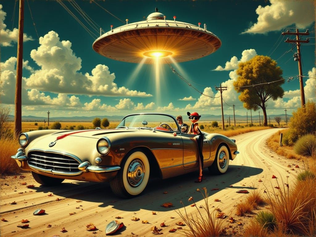 Film Noir-Inspired Pin-Up Print with Retro Automobile and Al...