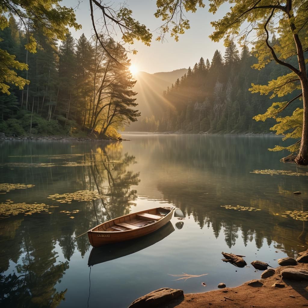 Serene Mountain Lake at Sunrise in Photorealistic Style