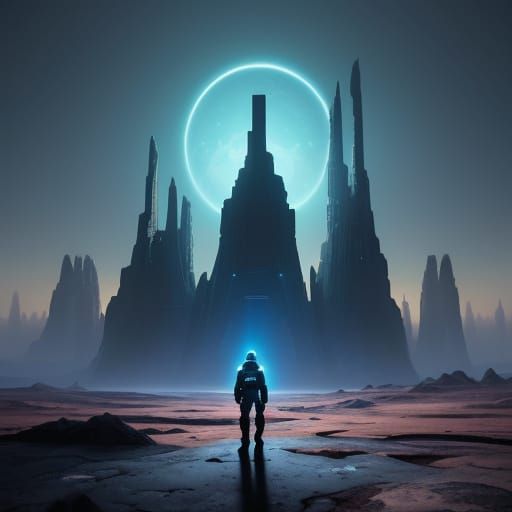 Surreal Futuristic Cityscape with Lone Astronaut