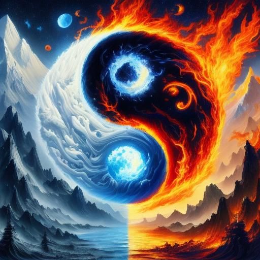 Yin Yang Fire and Ice Wolf in Detailed Digital Art