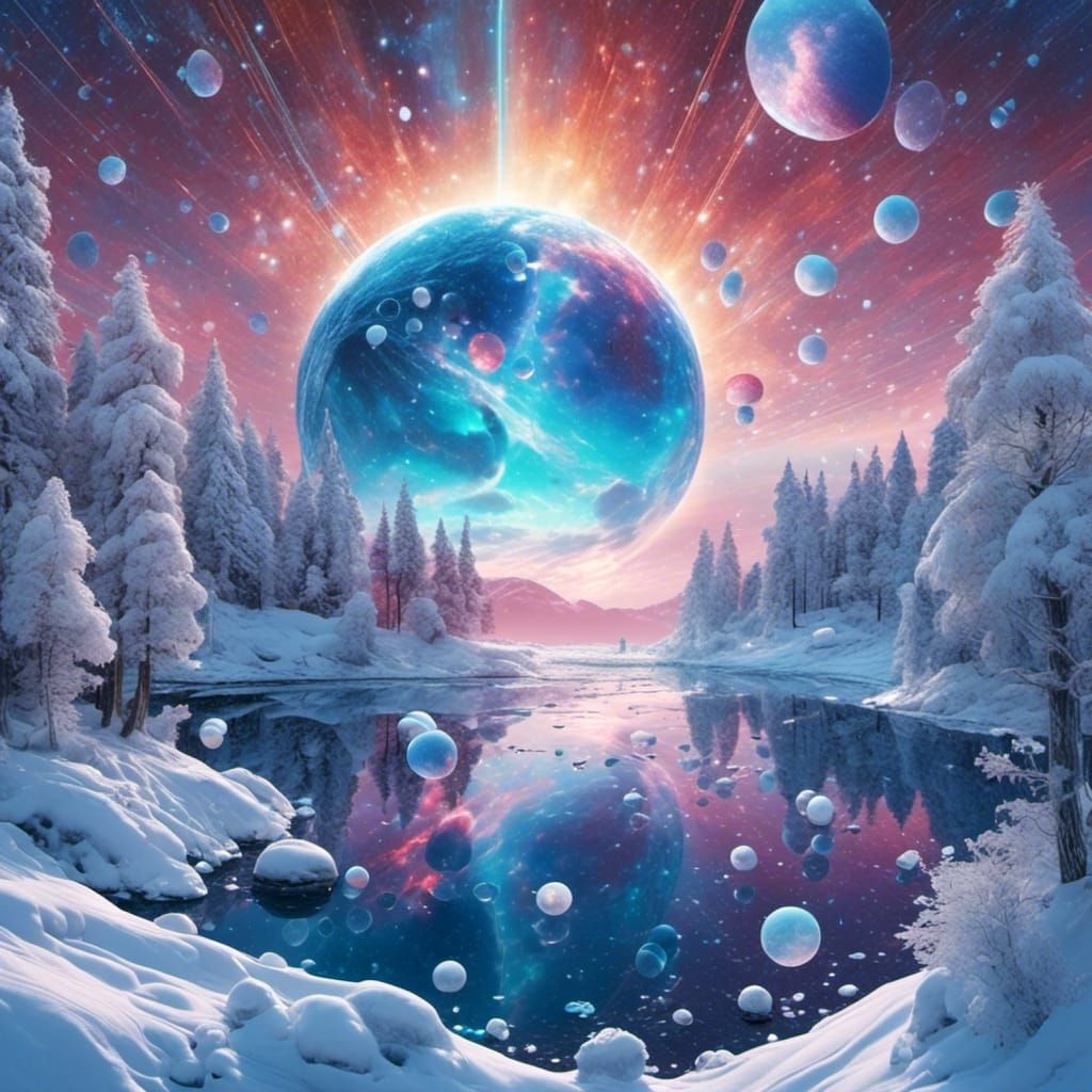 Winter Swan in Cosmic Snowfall: Astral Illustration