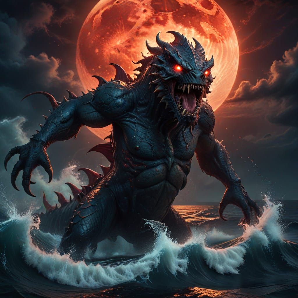 Mysterious Sea Beast Rises Under Blood Moon
