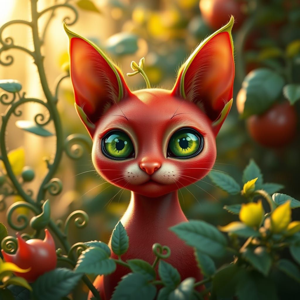 Vibrant Red Tomato Cat in Whimsical Garden Landscape