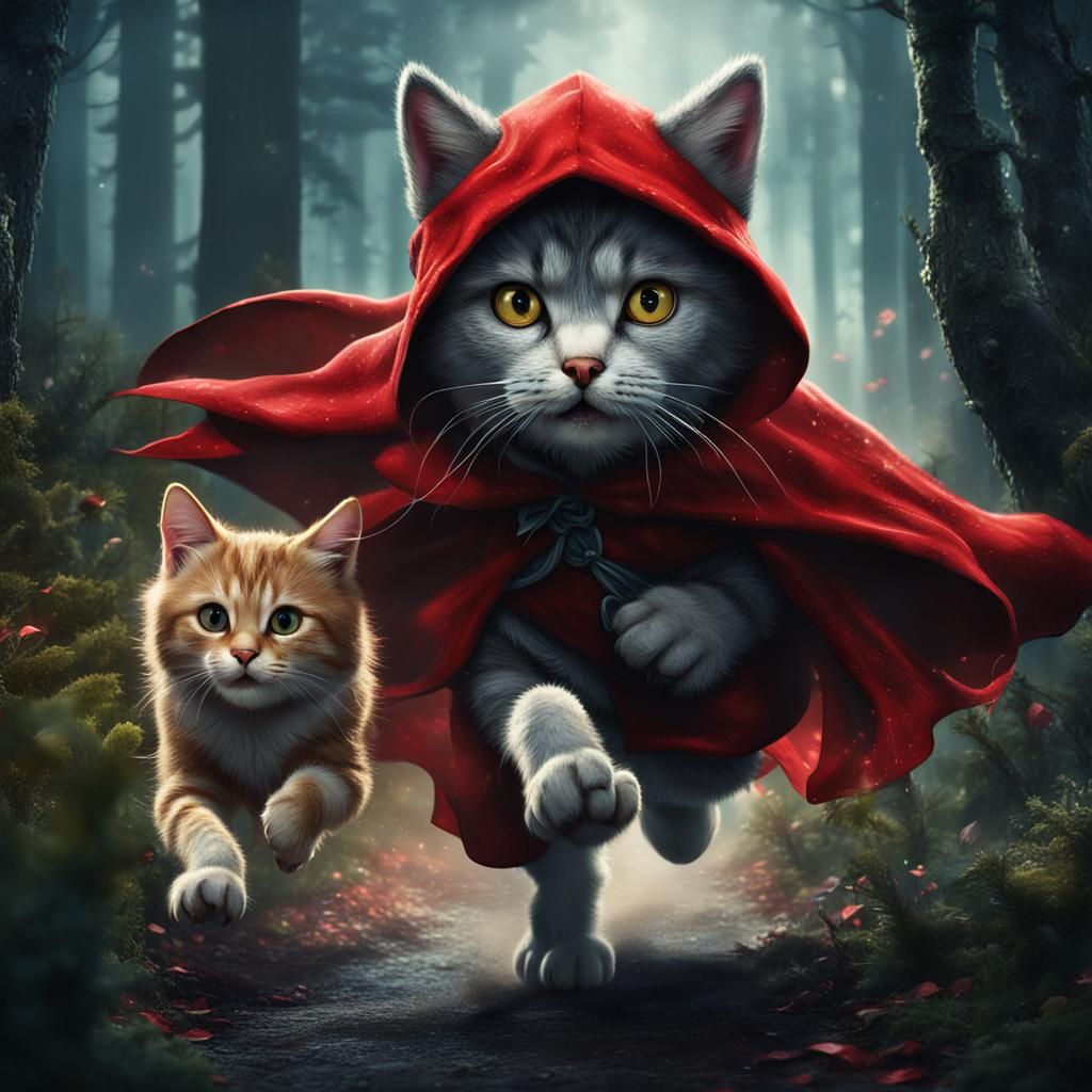 Cat as Little Red Riding Hood Running from Wolf
