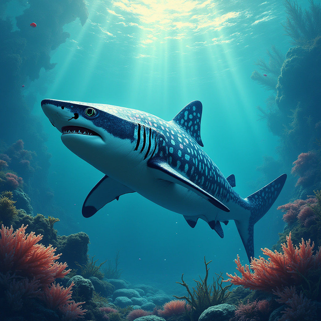 Iridescent Tiger Shark in Dreamlike Ocean Scene