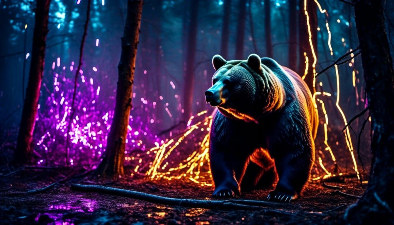 Neon Lit Bear Portrait in Dark Forest