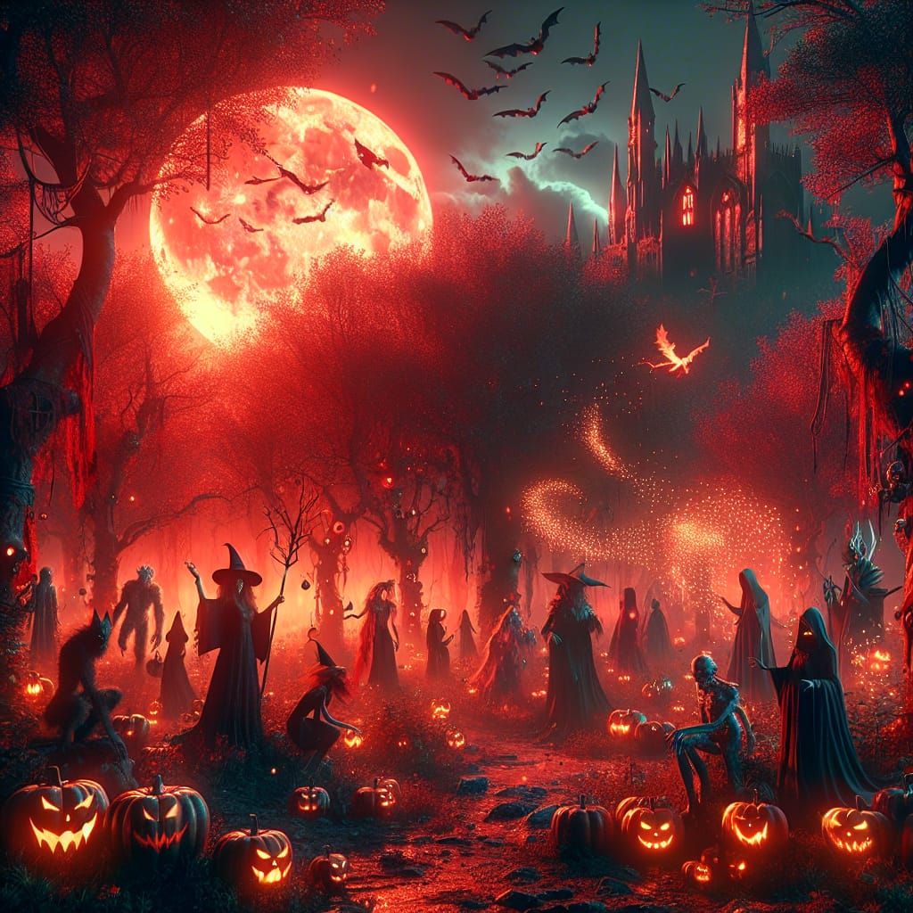 Enchanted Forest Halloween Gathering under Red Moonlight