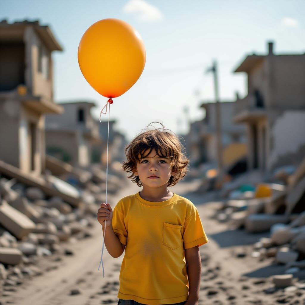 Child with Balloon in War-Torn City
