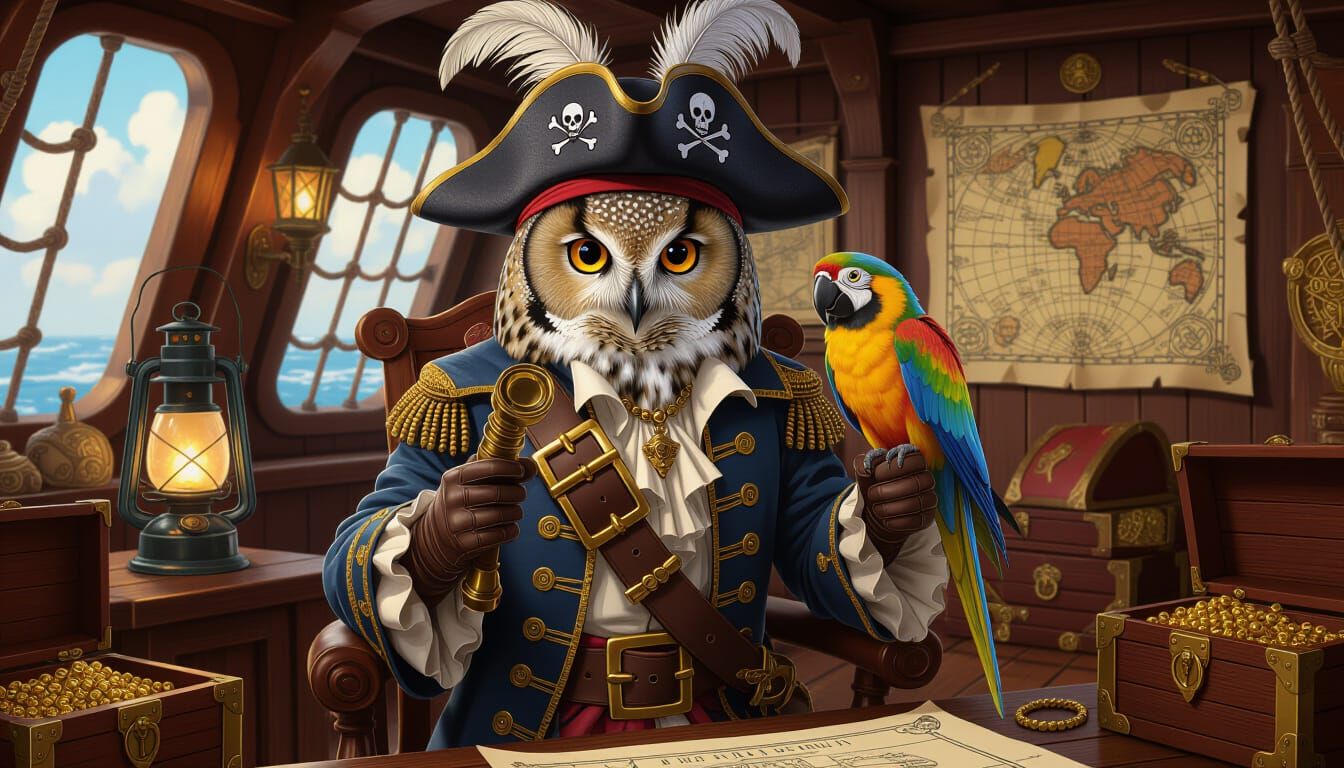 Pirate Owl Captain in Detailed Illustration Style