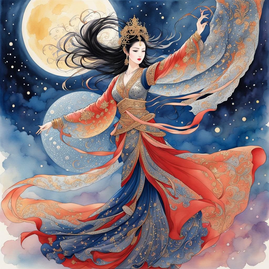 East Asian Warrior Dancing in Moonlight, Watercolor Art